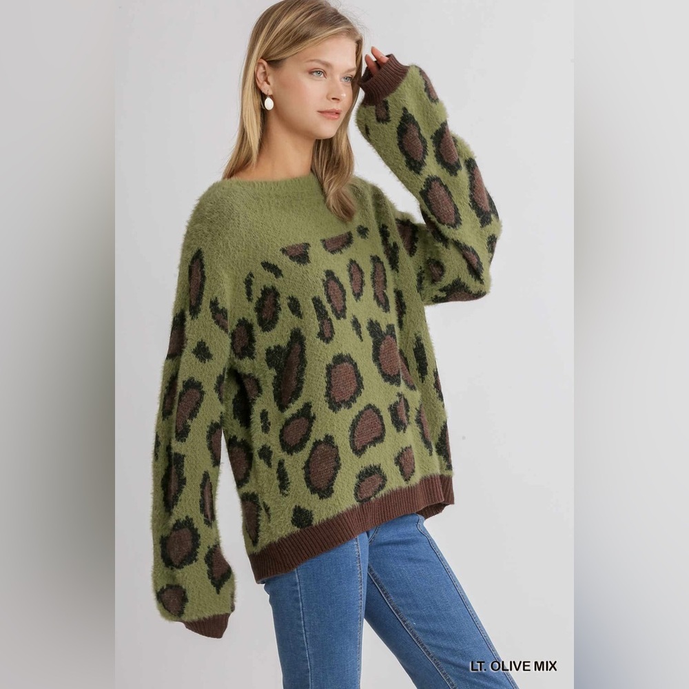 Umgee Green Leopard Print Sweater